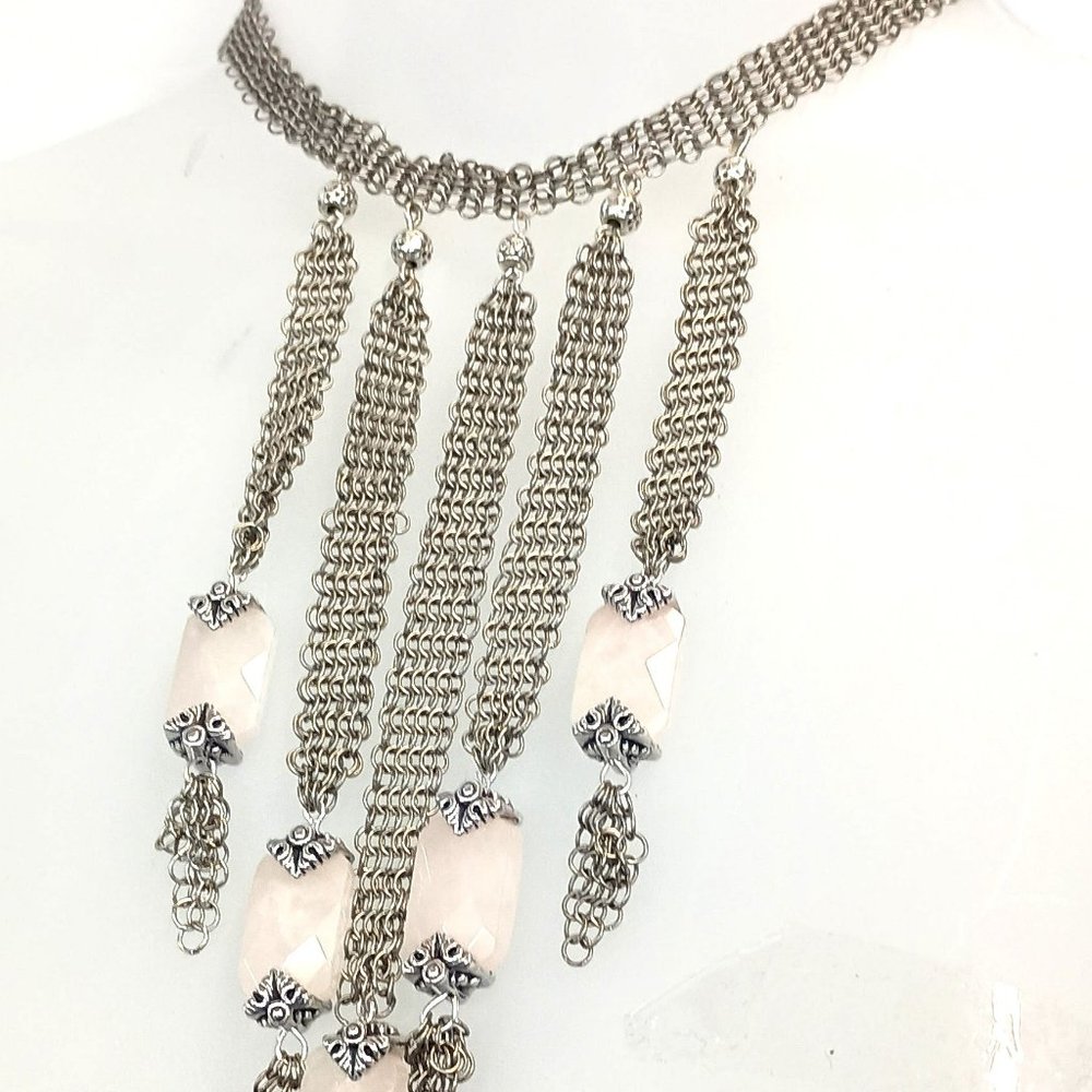 Ferrara Whiting and Davis Ring Mesh Choker with  5 Rose Quartz Pendants